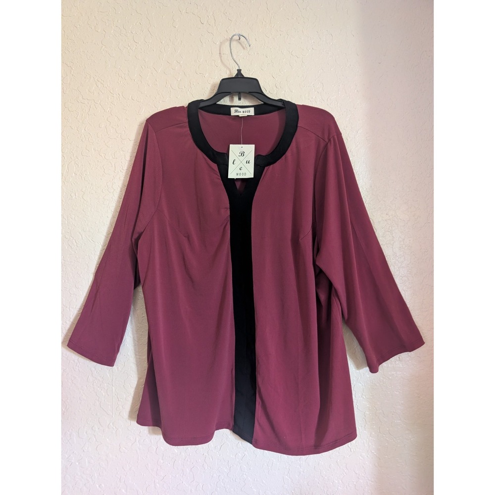 Blue Mood Womens Burgundy Black Blouse 3/4 Sleeve Tunic Top Size 2X XCT6916 NEW